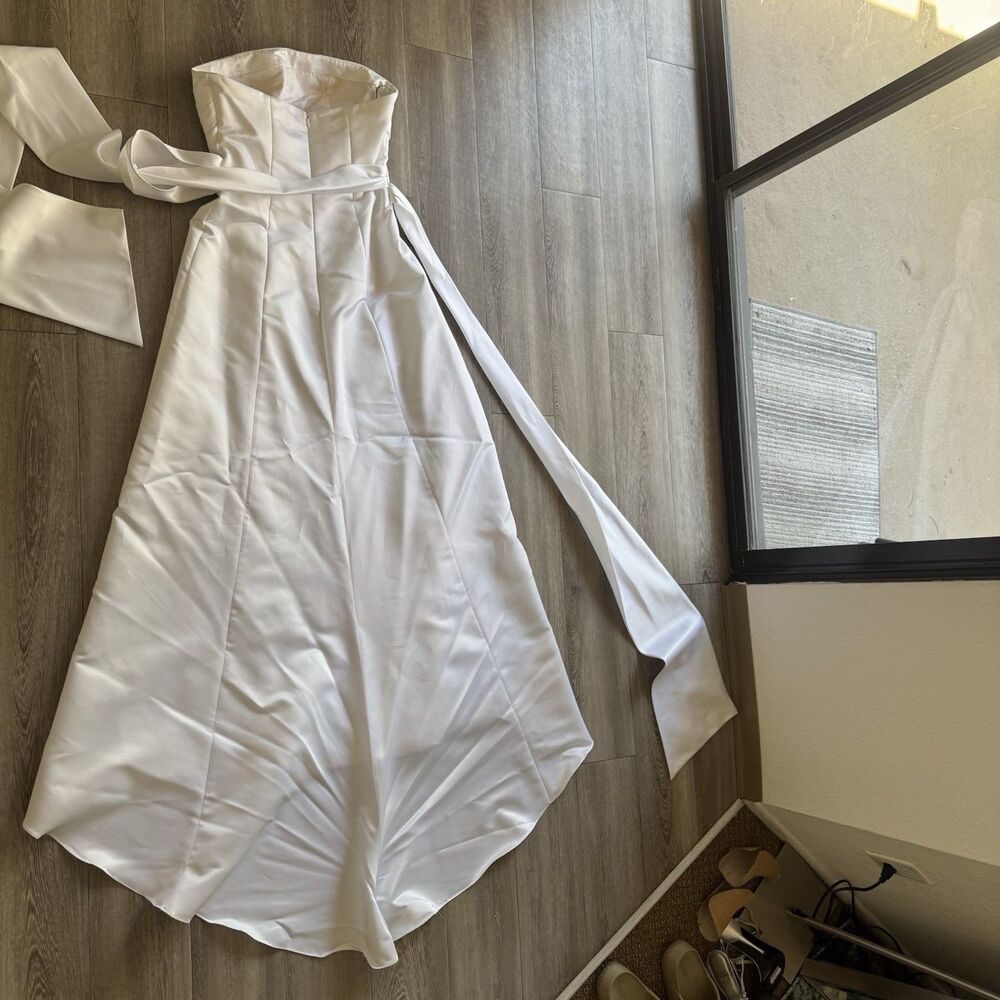 Bill Levkoff White Satin Strapless Wedding Gown Bridal Dress Bow Train Size 6 - Picture 12 of 16
